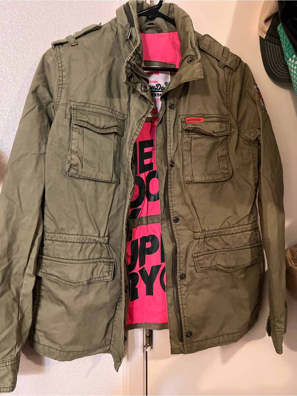 Superdry Olive Green Military Field Jacket with Pink Liner